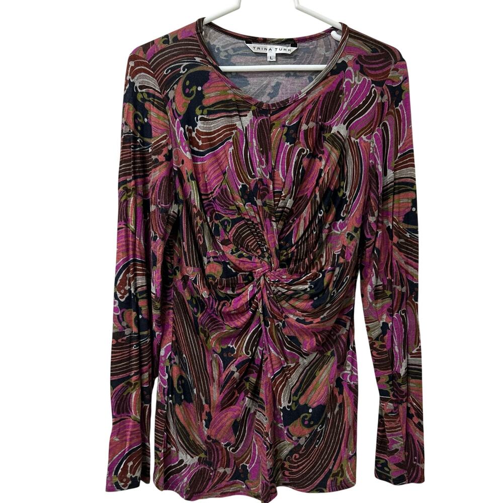 Trina Turk Womens Size Large Multicolor Twist Knot Front Long Sleeve Top
